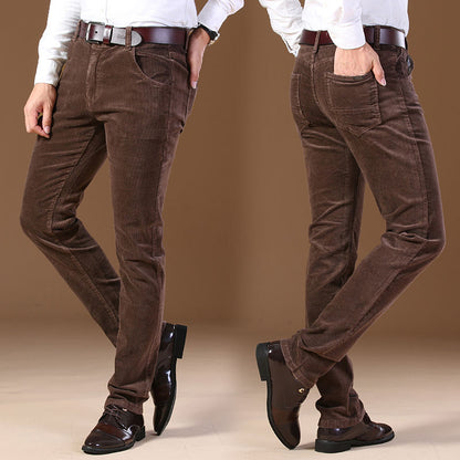 Pantalon Velours Orven kaki foncé, vue avant et arrière porté