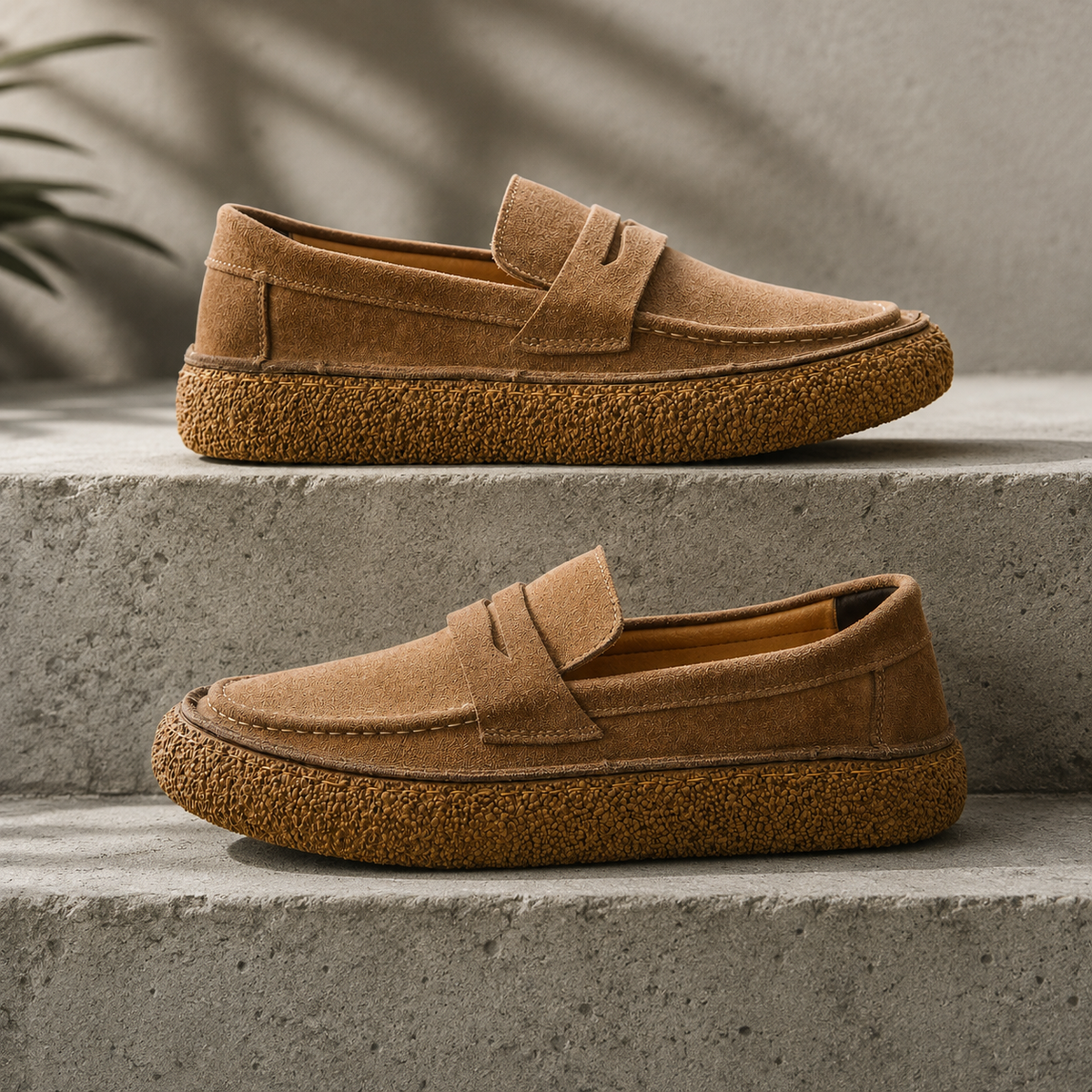 Mocassins Suède Célian caramel, deux mocassins en daim posés sur des marches en pierre, chaussures homme tendance