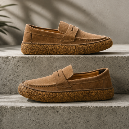 Mocassins Suède Célian caramel, deux mocassins en daim posés sur des marches en pierre, chaussures homme tendance