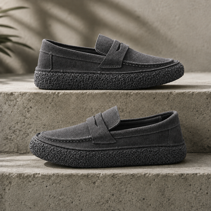 Mocassins Suède Célian gris foncé, deux mocassins en daim posés sur des marches en pierre, chaussures homme tendance