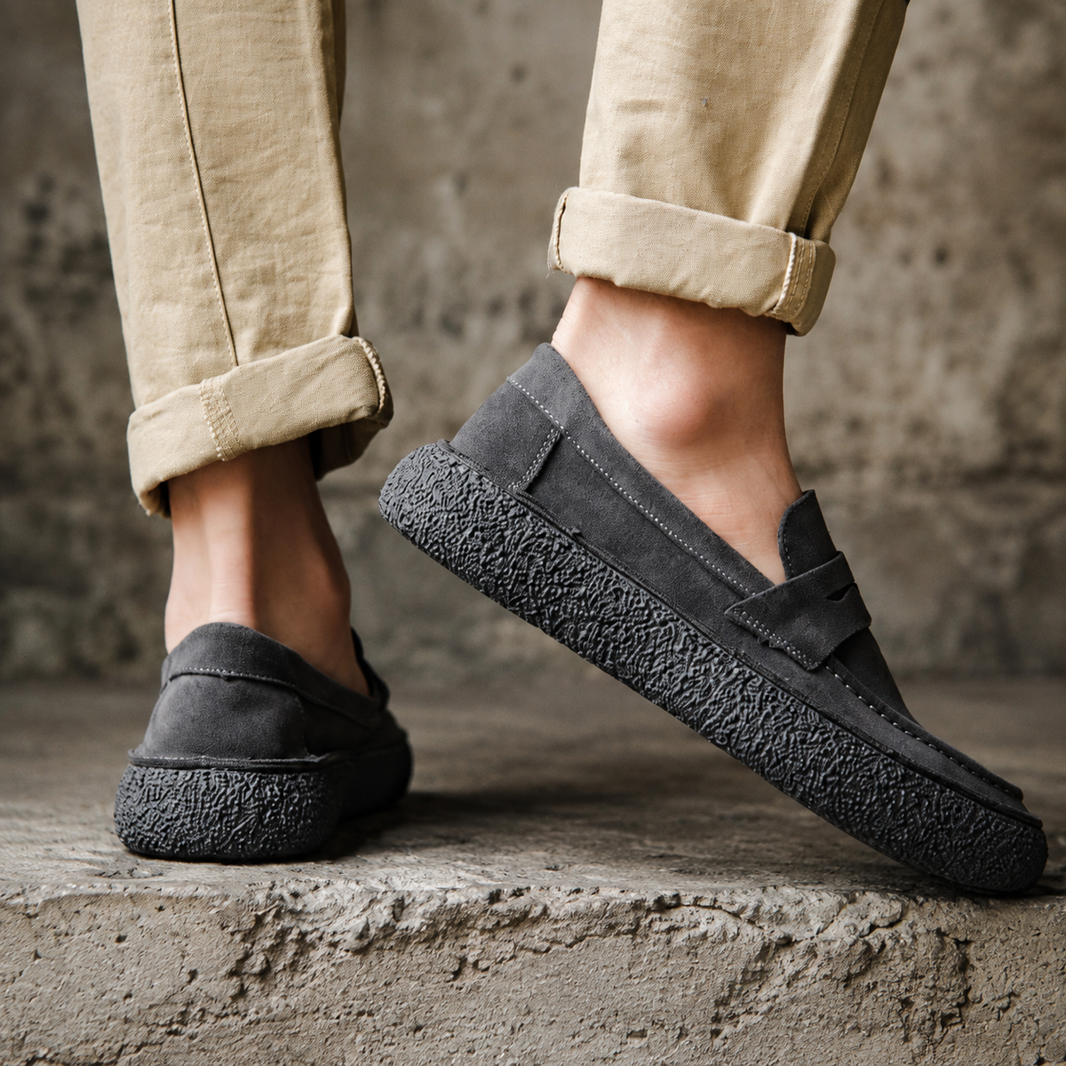 Mocassins Suède Célian gris anthracite, portés pieds avec pantalon beige retroussé, style casual homme
